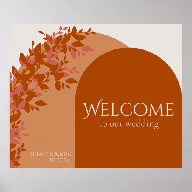 Terracotta Blätter Moderne Hochzeit Begrüßungszeic Poster (Vorne)