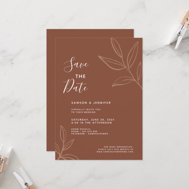 Terracotta-Blätter Save the Date Virtual Wedding Einladung (Vorderseite/Rückseite Beispiel)
