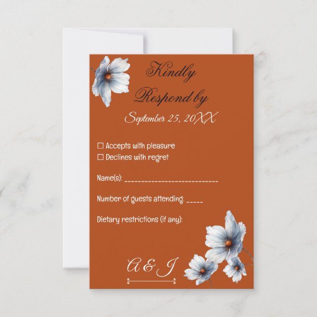 Terracotta Blaue Flora Anemone Herbsthochzeit RSVP Karte (Vorderseite)