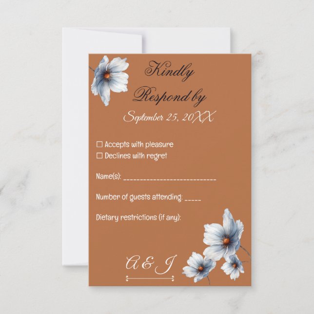 Terracotta Blaue Flora Anemone Herbsthochzeit RSVP Karte (Vorderseite)