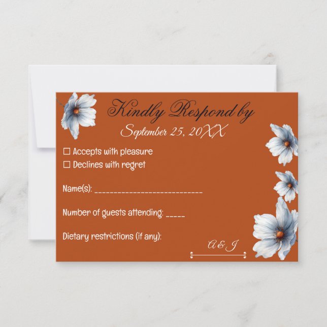 Terracotta Blaue Flora Anemone Herbsthochzeit RSVP Karte (Vorderseite)