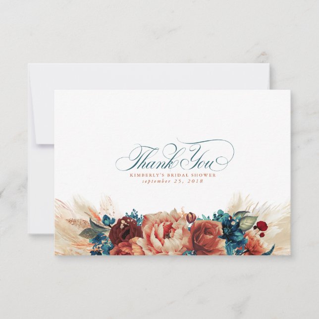 Terracotta Bleu Sarcelle Floral Boho Petit Merci (Devant)