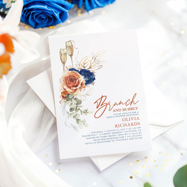 Terracotta & Blue Brunch und Bubbly Brautparty Einladung (Navy Blue and Terracotta Bridal Shower Invitations)
