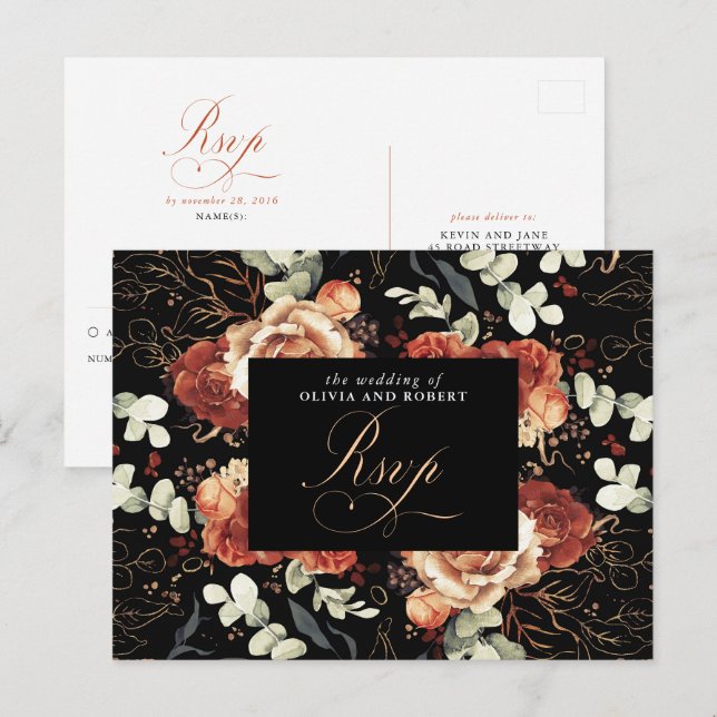 Terracotta Blume Black Wedding RSVP Postcard Postkarte (Vorne/Hinten)