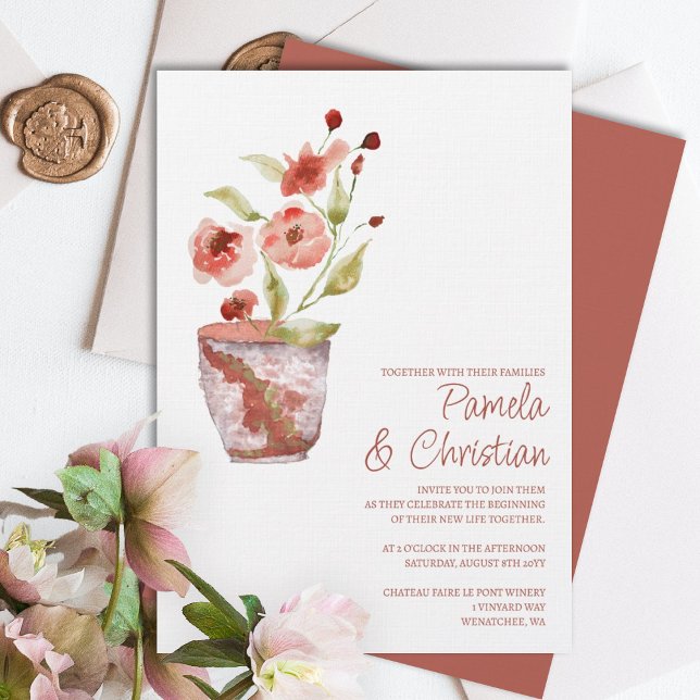 Terracotta-Blume, Einladungen zu Clay Pot Wedding (terracotta clay potted plant simple wedding invitation rust copper pink light green leaves wedding )