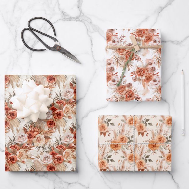 Terracotta-Blume und Boho-Rose Geschenkpapier Set (Vorderseite)