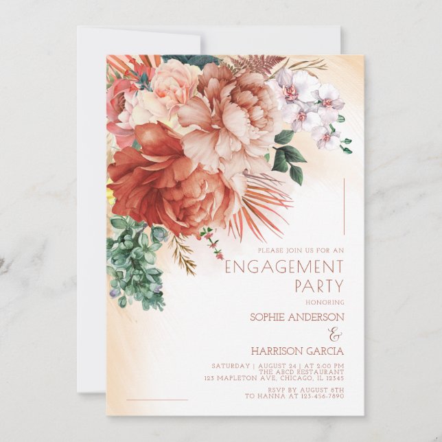 Terracotta Blumen Pampas Grass Engagement Party Einladung (Vorderseite)