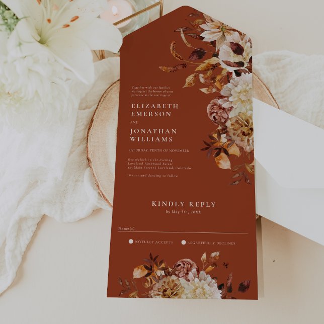 Terracotta-Blumenhochzeit in einer Einladung (Terracotta Fall Watercolor Floral Wedding All In One Invitation by Painted Paperie
)