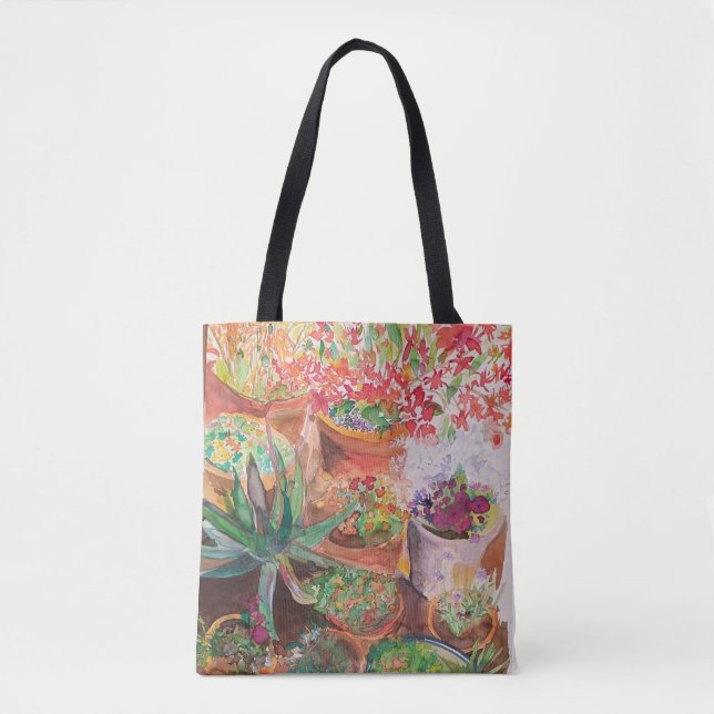 Terracotta-Blumentöpfe auf einer Tote-Tasche. Tasche (Vorderseite)
