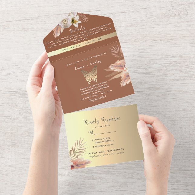 Terracotta Bohemisch Pampas Grass Wedding All In One Einladung (Abreißen)