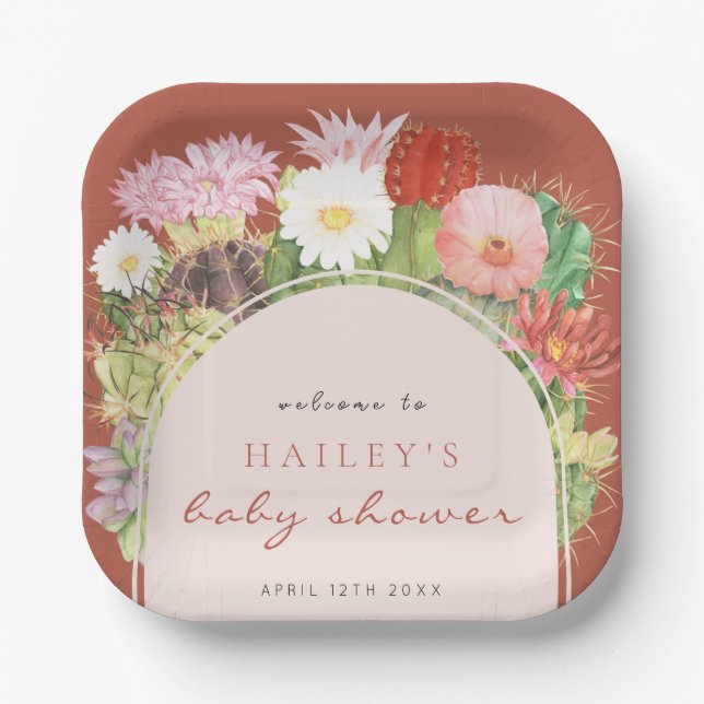 Terracotta Boho Bloom Cactus Baby Shower Pappteller (Vorderseite)
