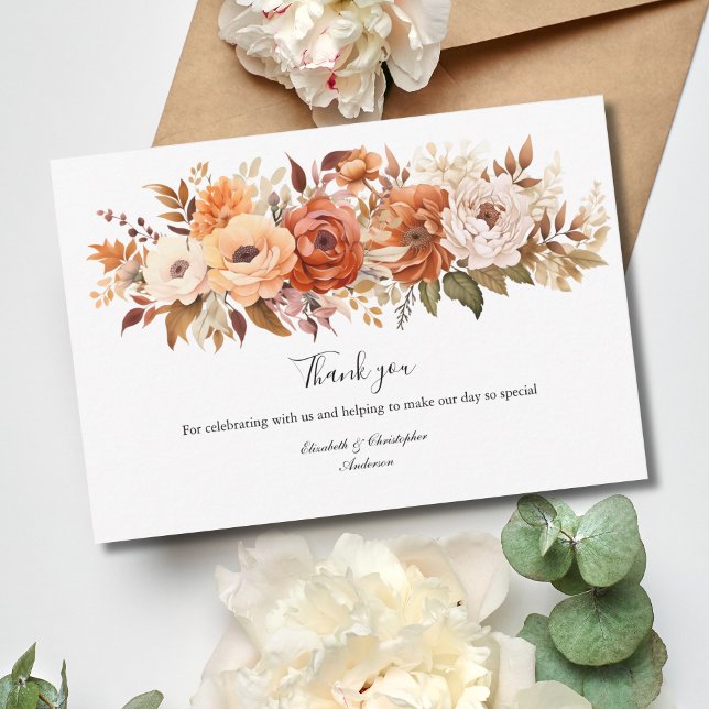 Terracotta Boho Blume Hochzeit Dankeskarte (Terracotta and Beige Boho Florals Flowers Wedding Thank you card)