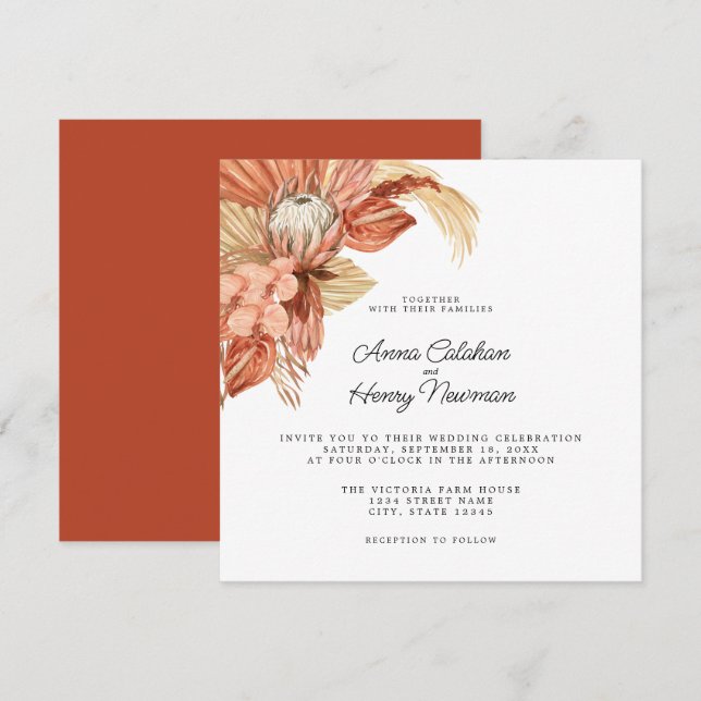 Terracotta Boho Dried Floral Pampas Wedding Einladung (Vorne/Hinten)