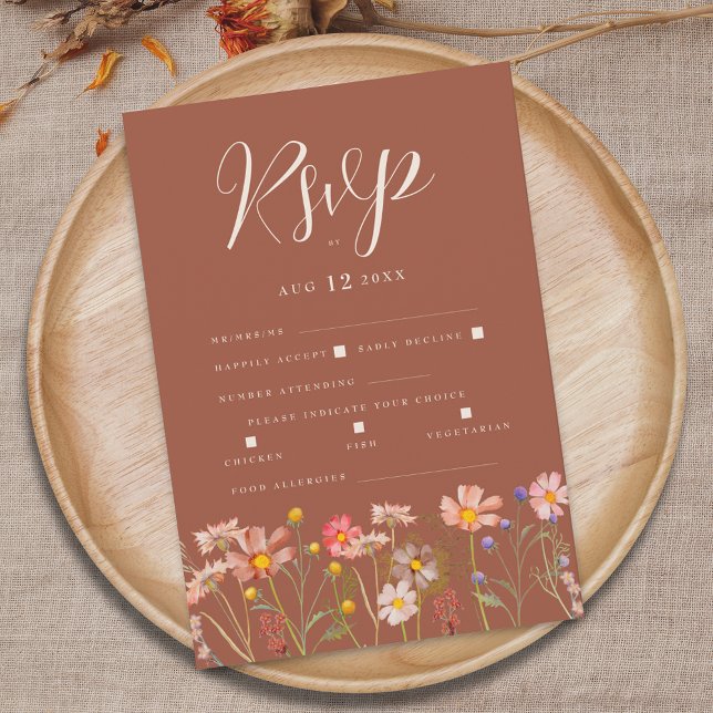 Terracotta Boho Fall Floral Meal Options Wedding RSVP Karte (Wildflower boho fall floral terracotta rust orange beige wedding RSVP card elegant whimsical script)
