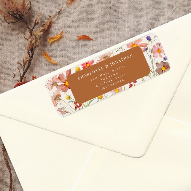 Terracotta Boho Fall Floral Wedge (Boho rustic fall floral wedding return address label elegant terracotta burnt orange wildflowers)