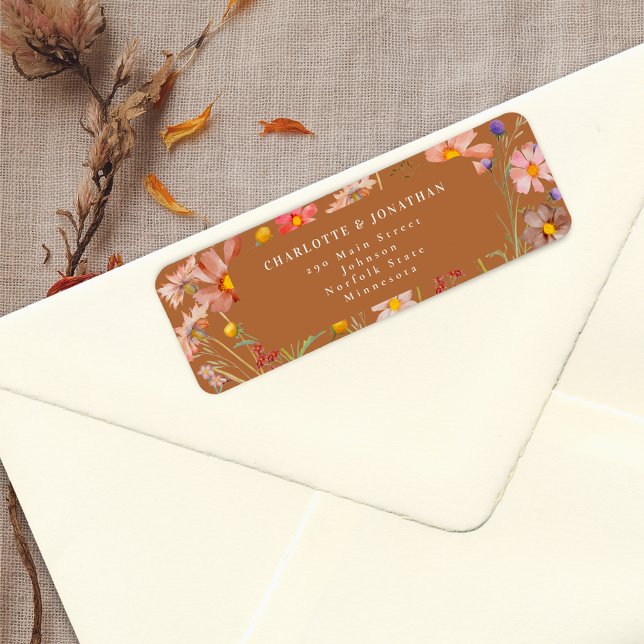 Terracotta Boho Fall Floral Wedge (Terracotta burnt orange Wildflower rustic fall Wedding return address label watercolor florals)