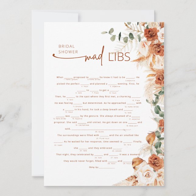 Terracotta Boho Floral Mad Lib Bridal Shower Game  (Vorderseite)
