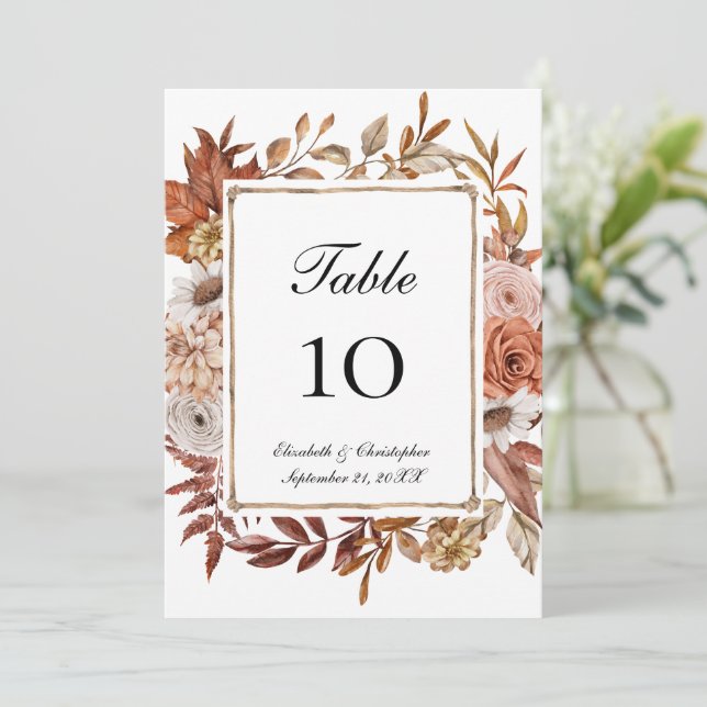 Terracotta Boho Floral Wedding Tischnummer Cards (Stehend Vorderseite)
