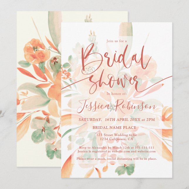 Terracotta boho florale Aquarell Brautparty in Einladung (Vorne/Hinten)
