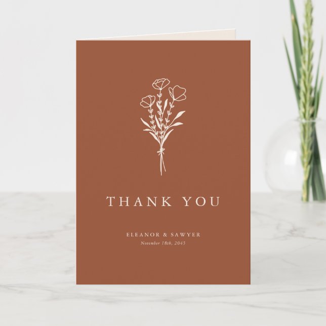 Terracotta Boho Minimalistisch Botanicals Hochzeit Dankeskarte (Vorderseite)