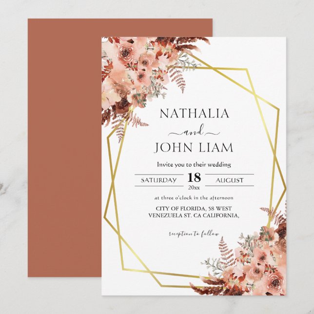 Terracotta Boho Pampas Geometric Gold Wedding Einladung (Vorne/Hinten)