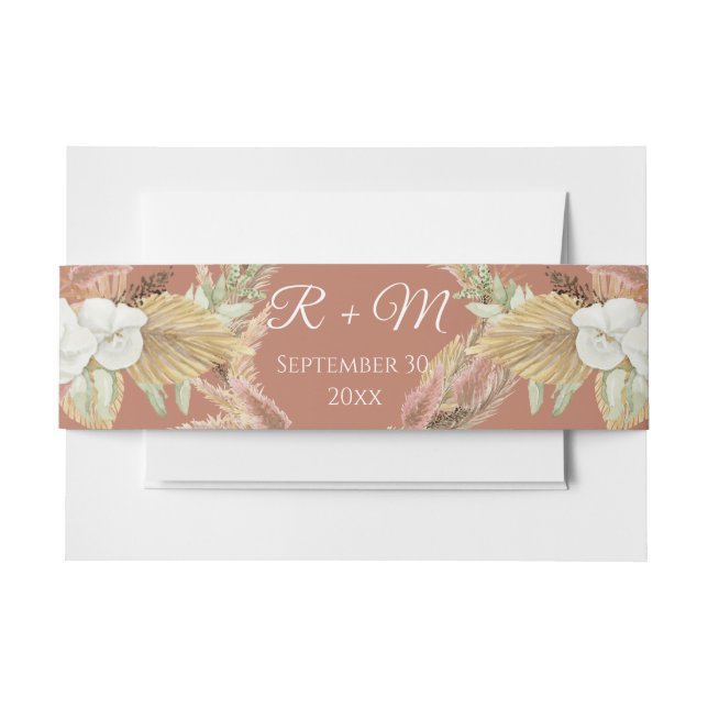 Terracotta BOHO Pampas Weiße Blüte Blumenpalme Einladungsbanderole (Vorderseite Beispiel)
