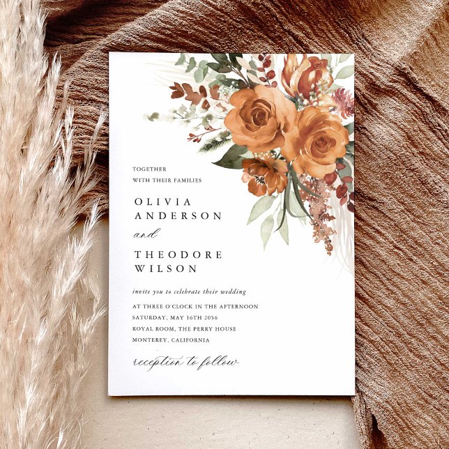 Terracotta Boho Rose Floral Watercolor Wedding Einladung (Terracotta rose floral wedding invitation with pampas accents, bohemian watercolor, modern classic)