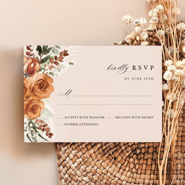 Terracotta Boho Rose Floral Watercolor Wedding RSVP Karte (Terracotta rose floral boho RSVP card wedding stationery with pampas, watercolor, modern classic)