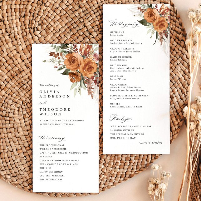 Terracotta Boho Rose Floral Wedding Ceremony Programm (Terracotta rose floral wedding program card with ceremony timeline, boho garden wedding stationery)
