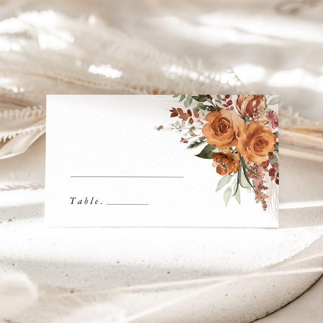 Terracotta Boho Rose Floral Wedding Name Platzkarte (Terracotta boho floral wedding place card with watercolor roses, elegant table name card)