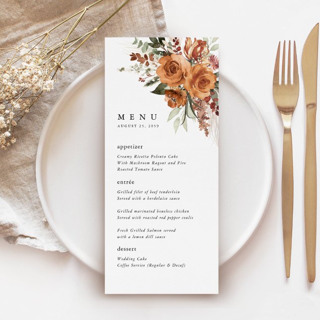 Terracotta Boho Rose Wedding Reception Dinner Menükarte (Terracotta rose floral wedding menu card with watercolor roses, elegant typography, table setting)