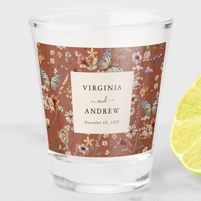 Terracotta Boho Wedding Shot Glas (Terracotta Boho Floral Wedding Shot Glass by Painted Paperie
)