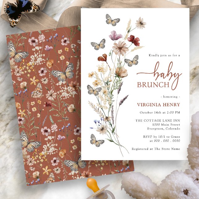 Terracotta Boho Wildblume Baby Brunch Einladung (Terracotta Boho Wildflower Baby Brunch Invitation with Butterflies by Painted Paperie
)