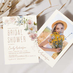 Terracotta Boho Wildblume Brautparty Foto Einladung
