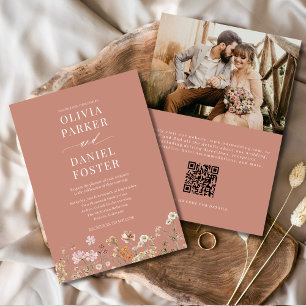 Terracotta Boho Wildblume QR Code Foto Wedding Einladung