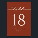 Terracotta Bold Minimalistische Script Wedding Tischnummer<br><div class="desc">Fügen Sie Ihrem Event einen boho terracotta Akzent mit diesen individuell anpassbaren Tischnummern-Karten hinzu. Es verfügt über ein einfaches Kalligraphieskript und klassische Typografie. Personalisieren Sie diese durch Hinzufügen von Namen,  Datum und Tischnummern. Diese Tischnummer ist perfekt für Hochzeiten,  Brautpartys,  Babyduschen und vieles mehr.</div>
