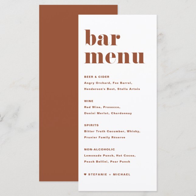 Terracotta Bold Retro Typografy Wedding Bar Menükarte (Vorne/Hinten)