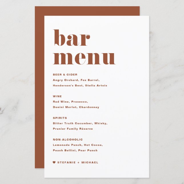 Terracotta Bold Retro Typographie Mariage Bar Menu (Devant / Derrière)