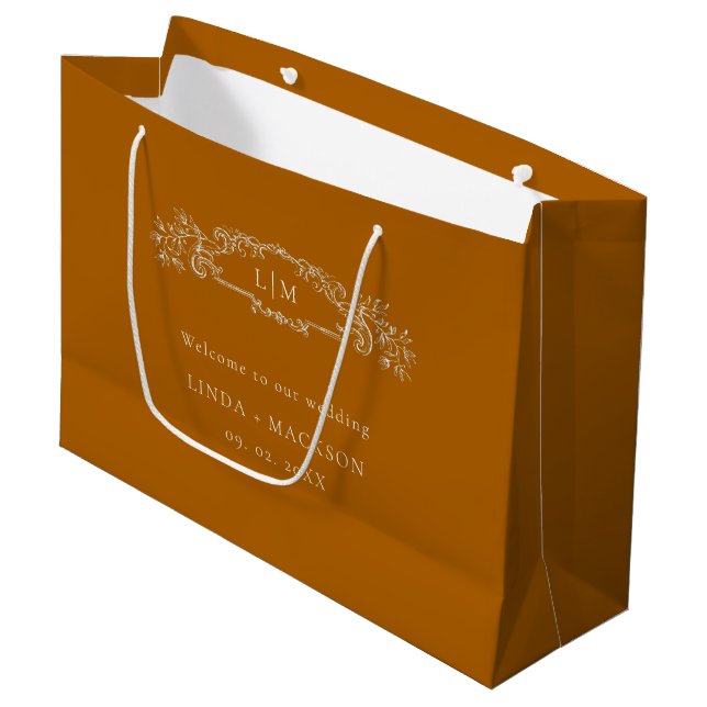 Terracotta Botanisches Wappen Monogramm Hochzeit Große Geschenktüte (Vorderseite Schrägansicht)