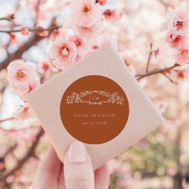 Terracotta Botanisches Wappen Monogramm Hochzeit Runder Aufkleber