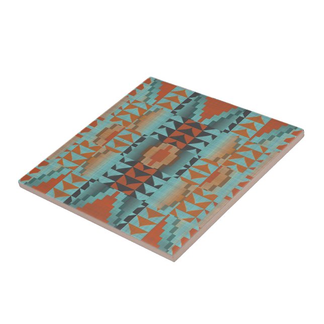 Terracotta Brown Türkquoise Blue Ethnic Stamm Art Fliese (Seite)