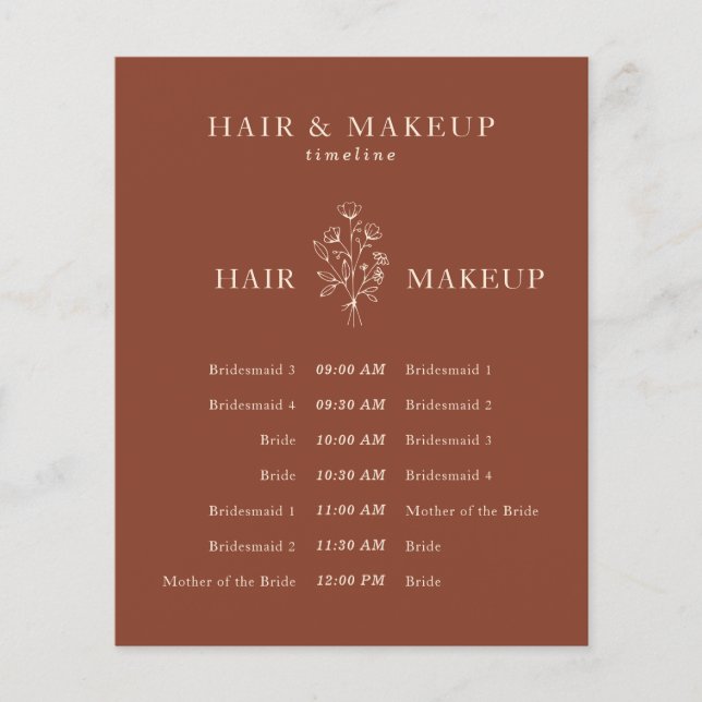Terracotta Budget Hochzeitshaar Makeup Timeline Flyer (Vorne)