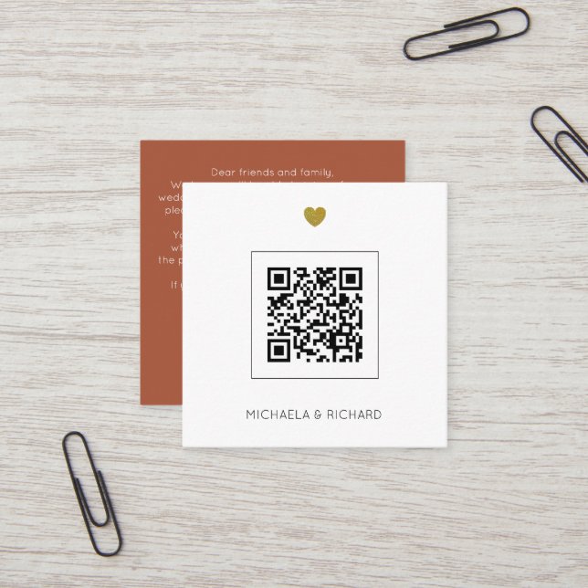 Terracotta Budget QR Code Hochzeitseinladung Quadratische Visitenkarte (Vorderseite/Rückseite Beispiel)