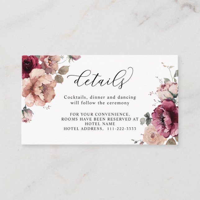 Terracotta Burgundy Fall Blume Hochzeit Details Begleitkarte (Vorderseite)