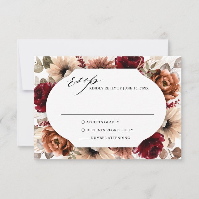 Terracotta Burgundy Greenery Geometric Wedding RSVP Karte (Vorderseite)