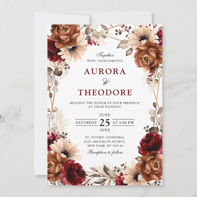 Terracotta Burgundy Mauve Floral Geometric Wedding Einladung (Vorderseite)
