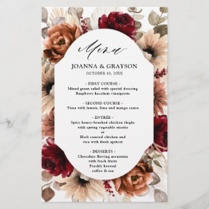 Terracotta Burgundy Mauve Floral Menu Mariage