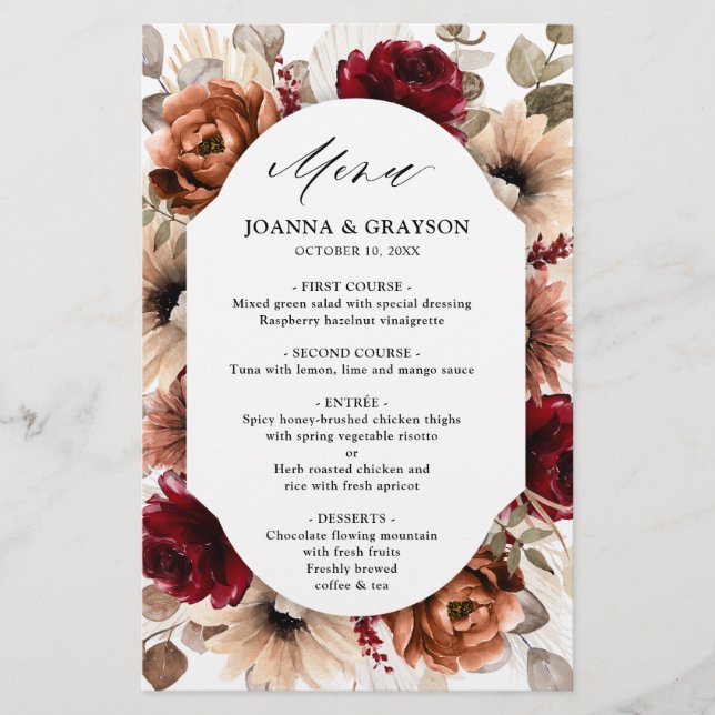 Terracotta Burgundy Mauve Floral Menu Mariage (Devant)