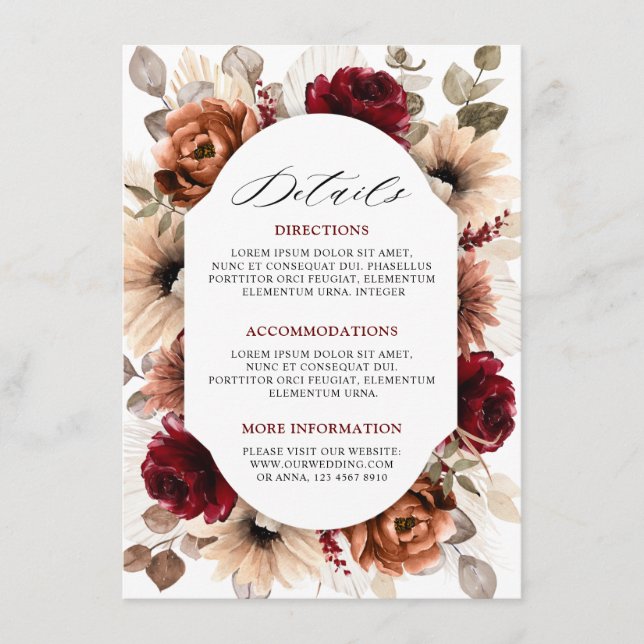 Terracotta Burgundy Mauve Floral Wedding Details Begleitkarte (Vorderseite)