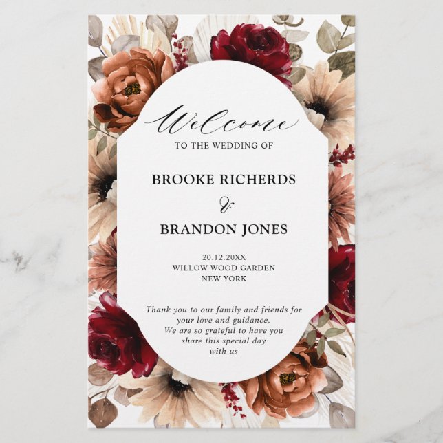 Terracotta Burgundy Mauve Floral Wedding Program (Vorderseite)